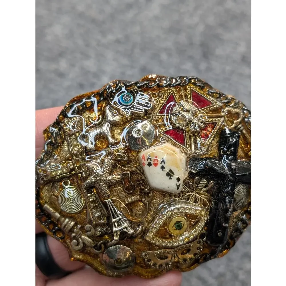 Vintage Artisan Belt Buckle Mixed Media Cross Eye Playing Cards Paris‎ Mask Rare
